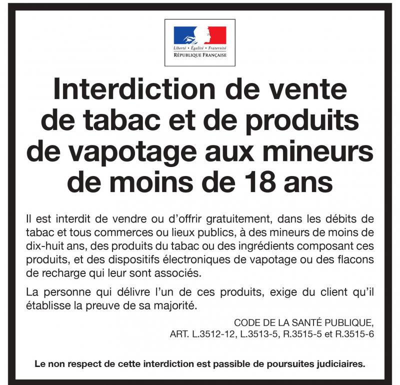 Affichage obligatoire - vente interdite aux mineurs